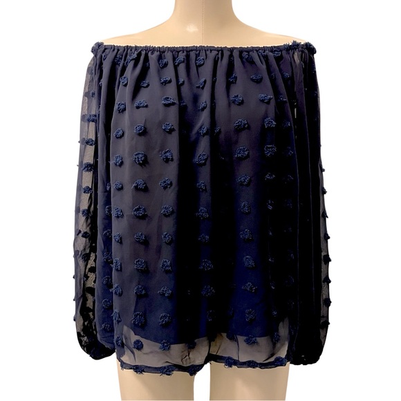 Navy dotted flowy off shoulder long sleeve blouse, size L, new - Picture 7 of 8